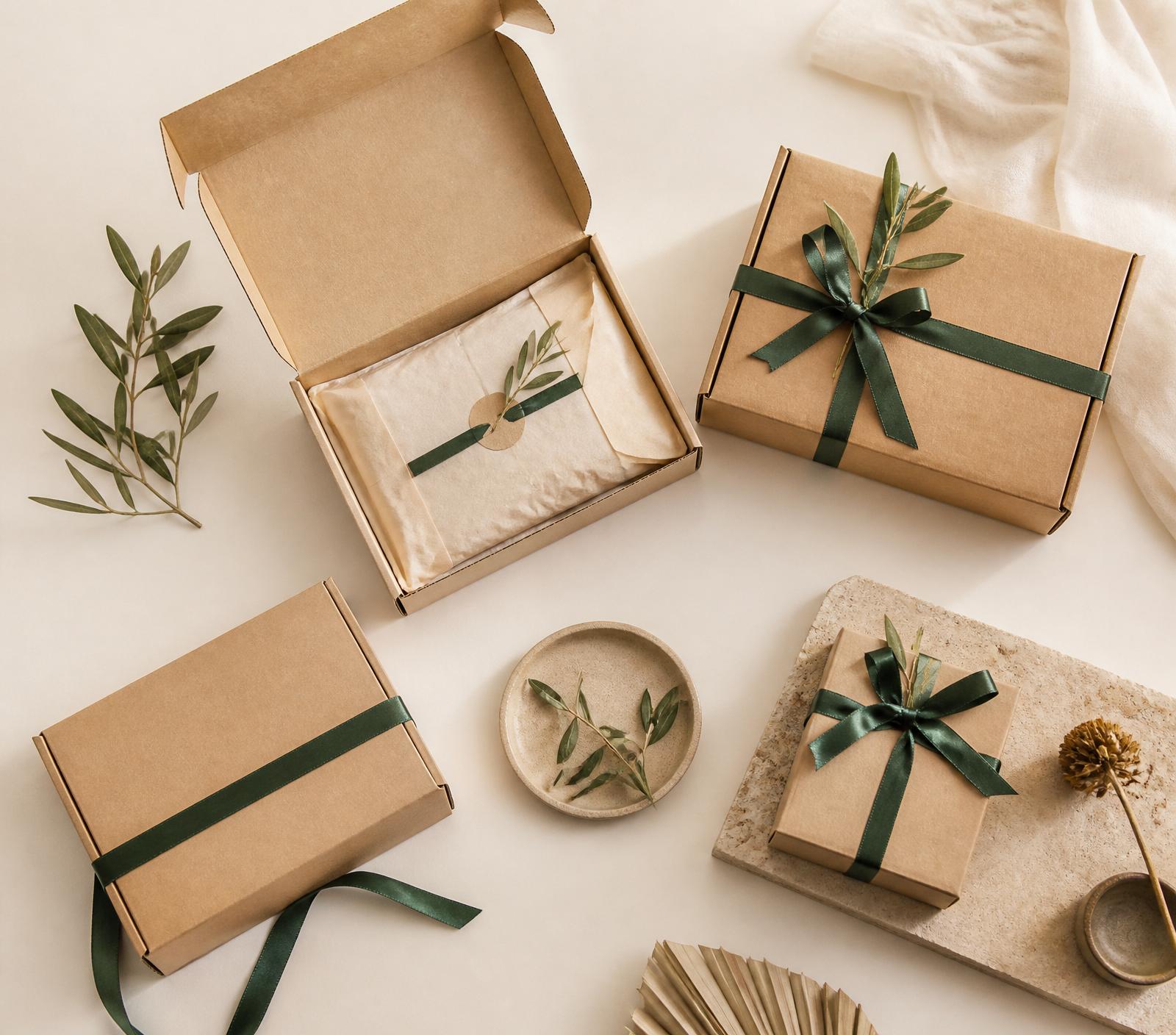 Premium sustainable kraft mailer boxes with forest green ribbon